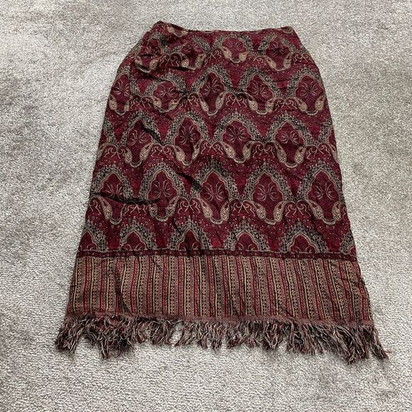 Dressbarn Maxi Skirt Women 14 Red Paisley Tasseled Back Slit Rayon Elastic Waist - Picture 1 of 12